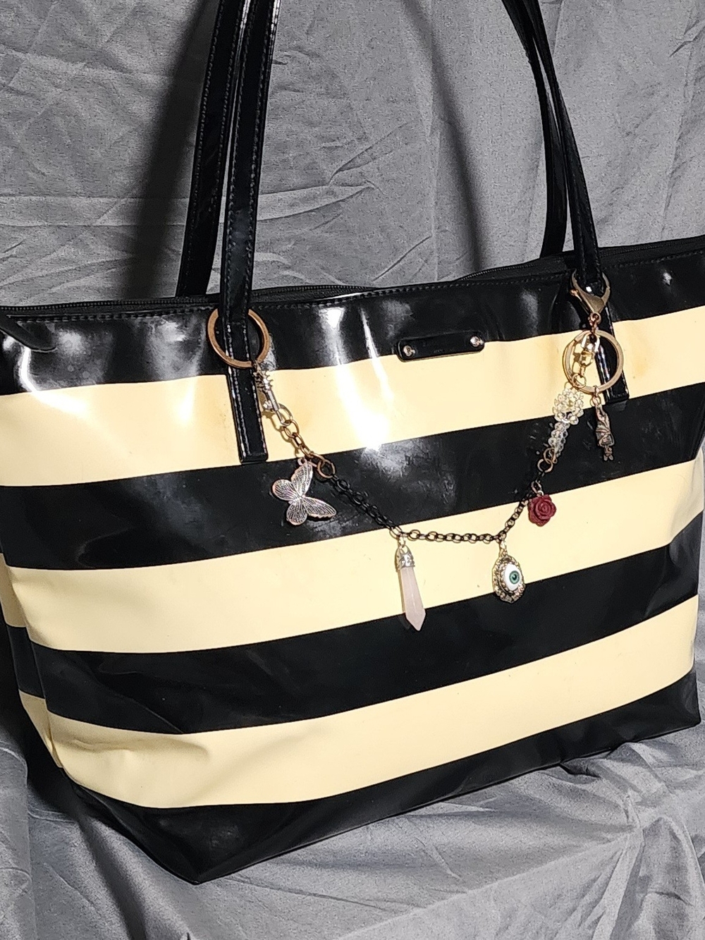 Kate Spade Large Black & Ivory Striped Tote Bag Purse Pool Bag